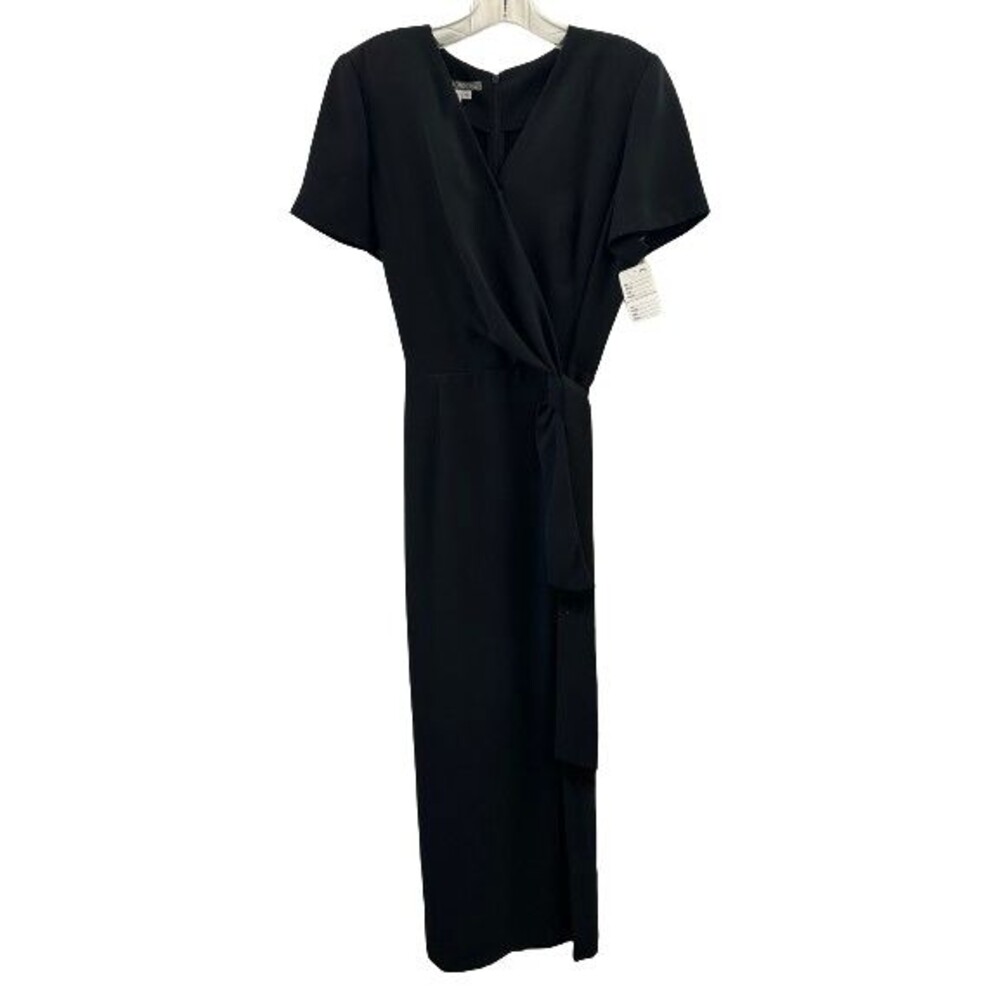 Vintage Maggie London Long Black Short Sleeved V-Necked Dress Side Tie Size 10